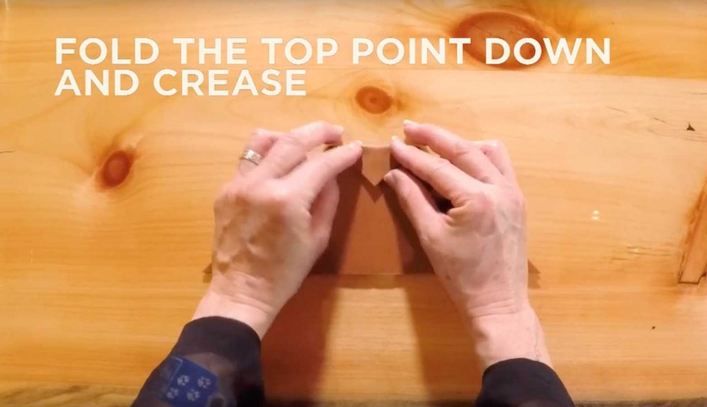 Paper being folded with text that says, "Fold the top point down and crease."